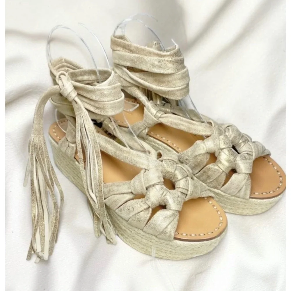 Sigerson Morrison Cosie Gold Metallic Suede Platform Espadrille Sandals 7 NWOB